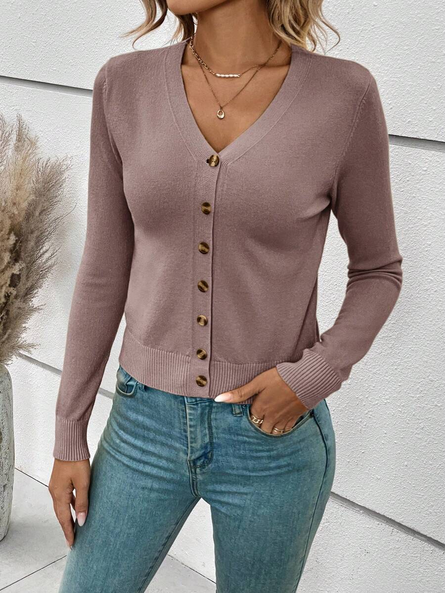 Georgiana Slim Ribbed V-Neck Button Front Knit Cardigan - Dusty Mauve
