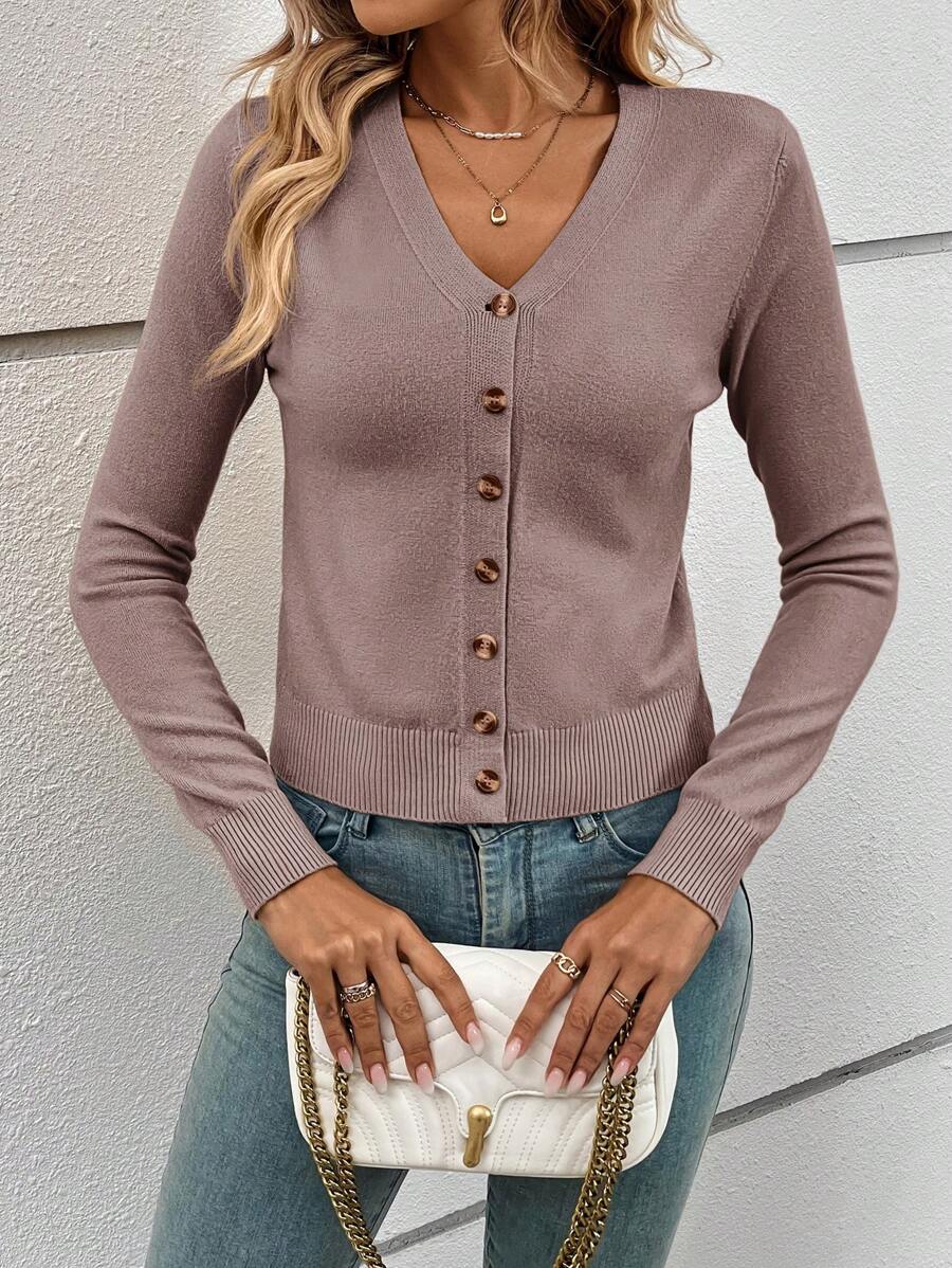 Georgiana Slim Ribbed V-Neck Button Front Knit Cardigan - Dusty Mauve