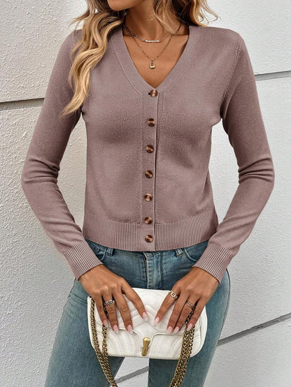 Georgiana Slim Ribbed V-Neck Button Front Knit Cardigan - Dusty Mauve