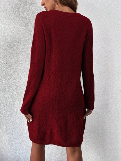 Women's Drop Shoulder Knit Sweater Dress, Relaxed Long Sleeve Dress for Fall Winter - Dark Grey