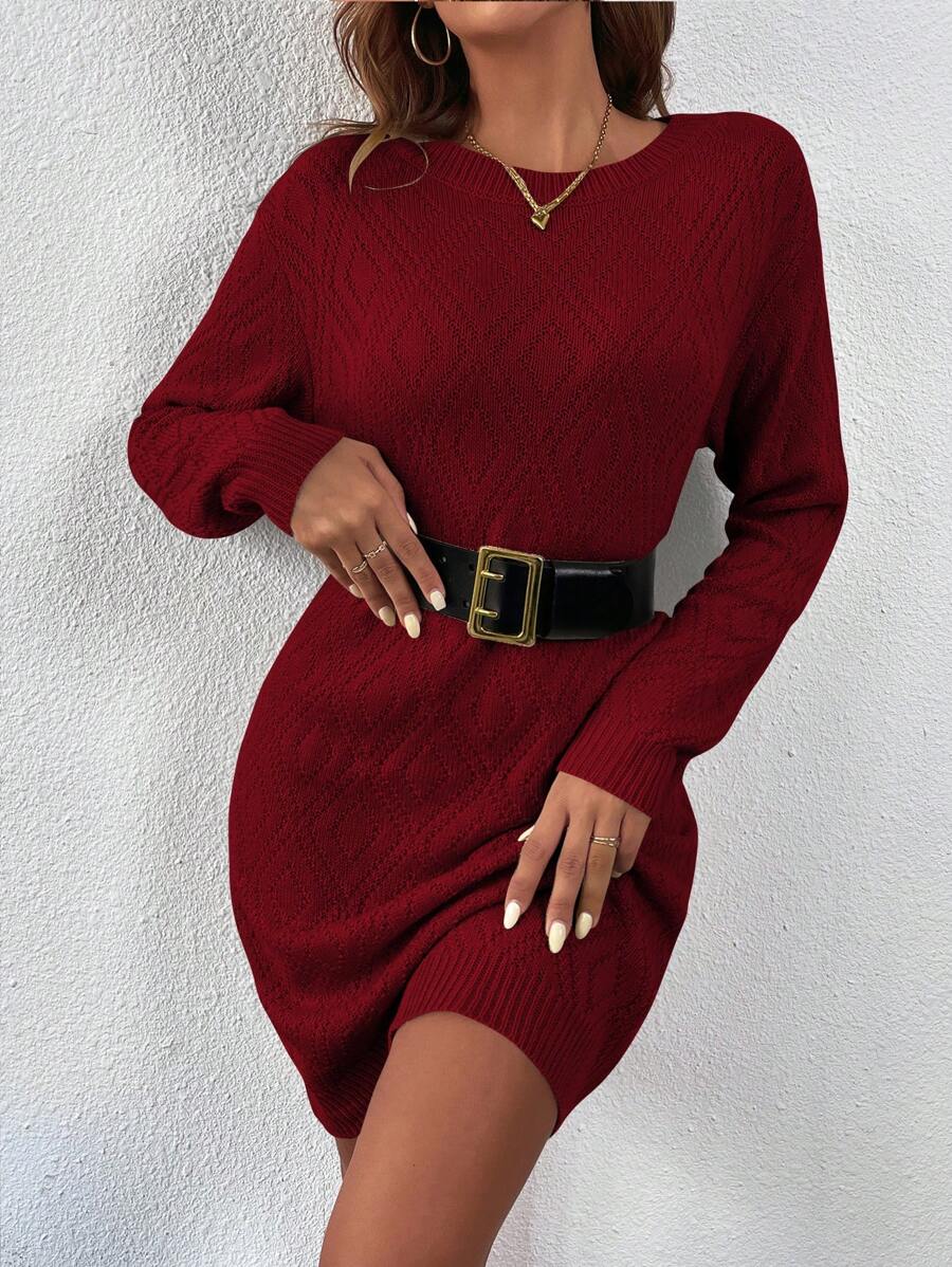 Women's Drop Shoulder Knit Sweater Dress, Relaxed Long Sleeve Dress for Fall Winter - Redwood