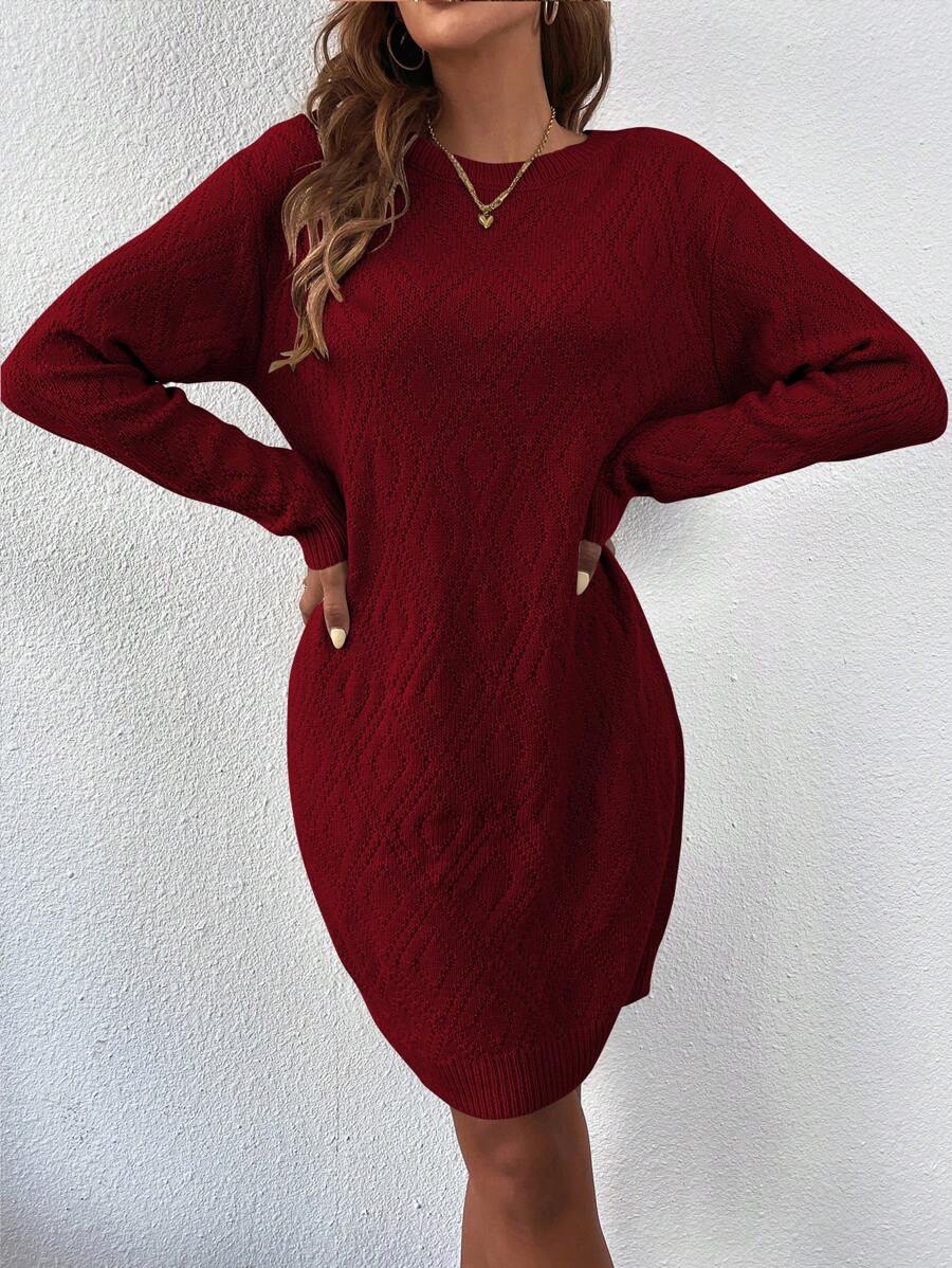 Women's Drop Shoulder Knit Sweater Dress, Relaxed Long Sleeve Dress for Fall Winter - Chocolate Brown