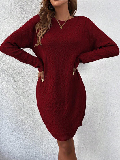 Women's Drop Shoulder Knit Sweater Dress, Relaxed Long Sleeve Dress for Fall Winter - Chocolate Brown
