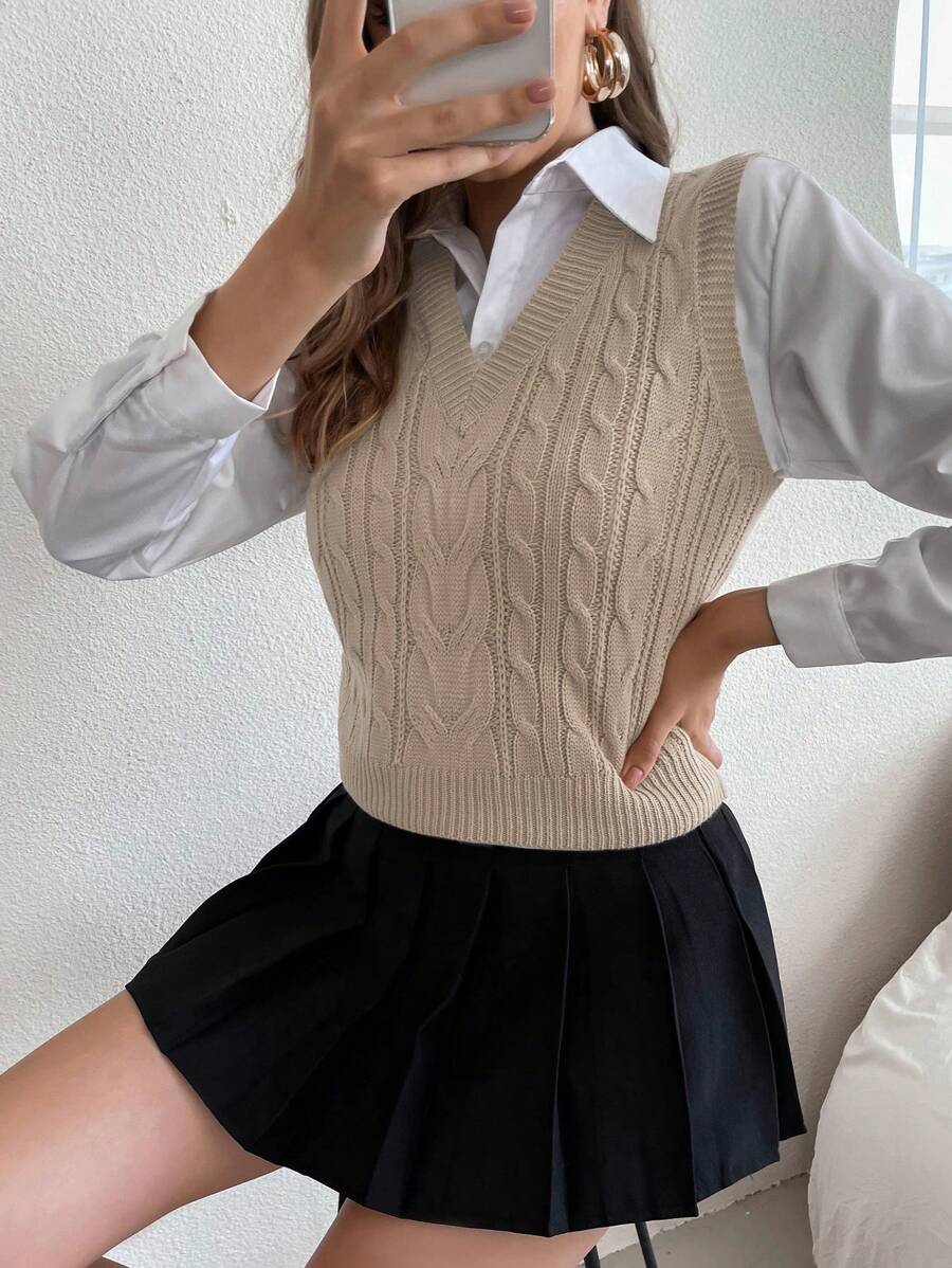 Winifred Classic Cable Knit V-Neck Sleeveless Sweater Vest - Oat Beige