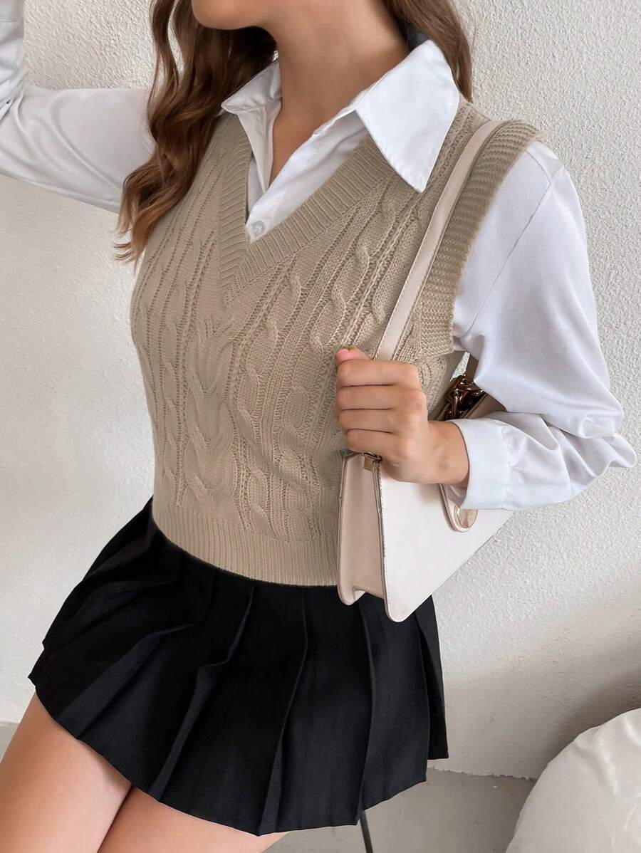Winifred Classic Cable Knit V-Neck Sleeveless Sweater Vest - Oat Beige