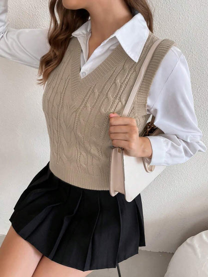 Winifred Classic Cable Knit V-Neck Sleeveless Sweater Vest - Oat Beige