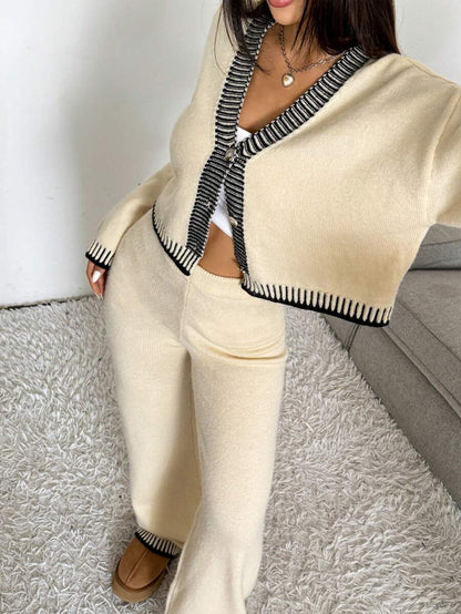 Domenica Contrast Trim Cropped Cardigan and Knit Pants Set - Apricot
