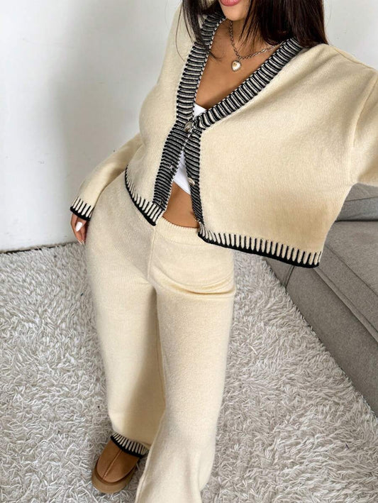 Domenica Contrast Trim Cropped Cardigan and Knit Pants Set - Apricot