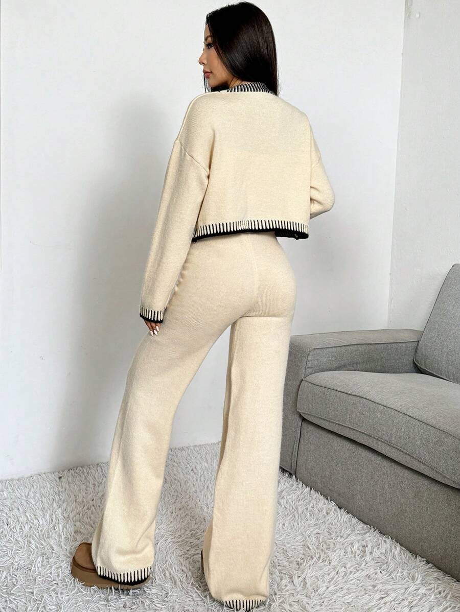 Domenica Contrast Trim Cropped Cardigan and Knit Pants Set - Khaki