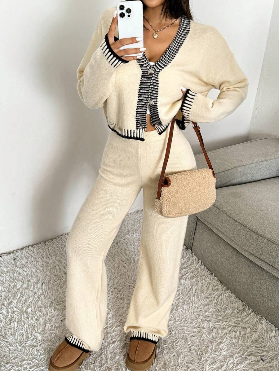 Domenica Contrast Trim Cropped Cardigan and Knit Pants Set - Grey