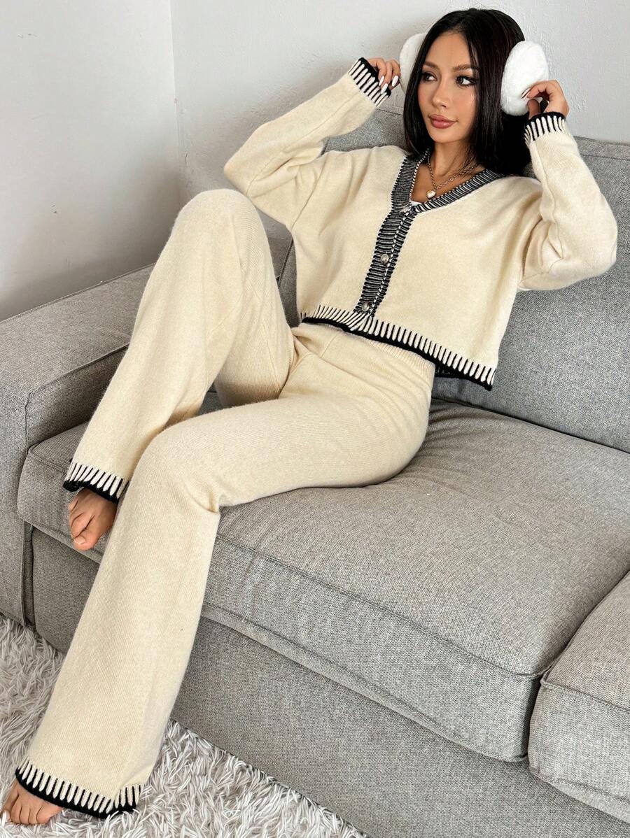 Domenica Contrast Trim Cropped Cardigan and Knit Pants Set - Black