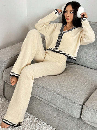 Domenica Contrast Trim Cropped Cardigan and Knit Pants Set - Black