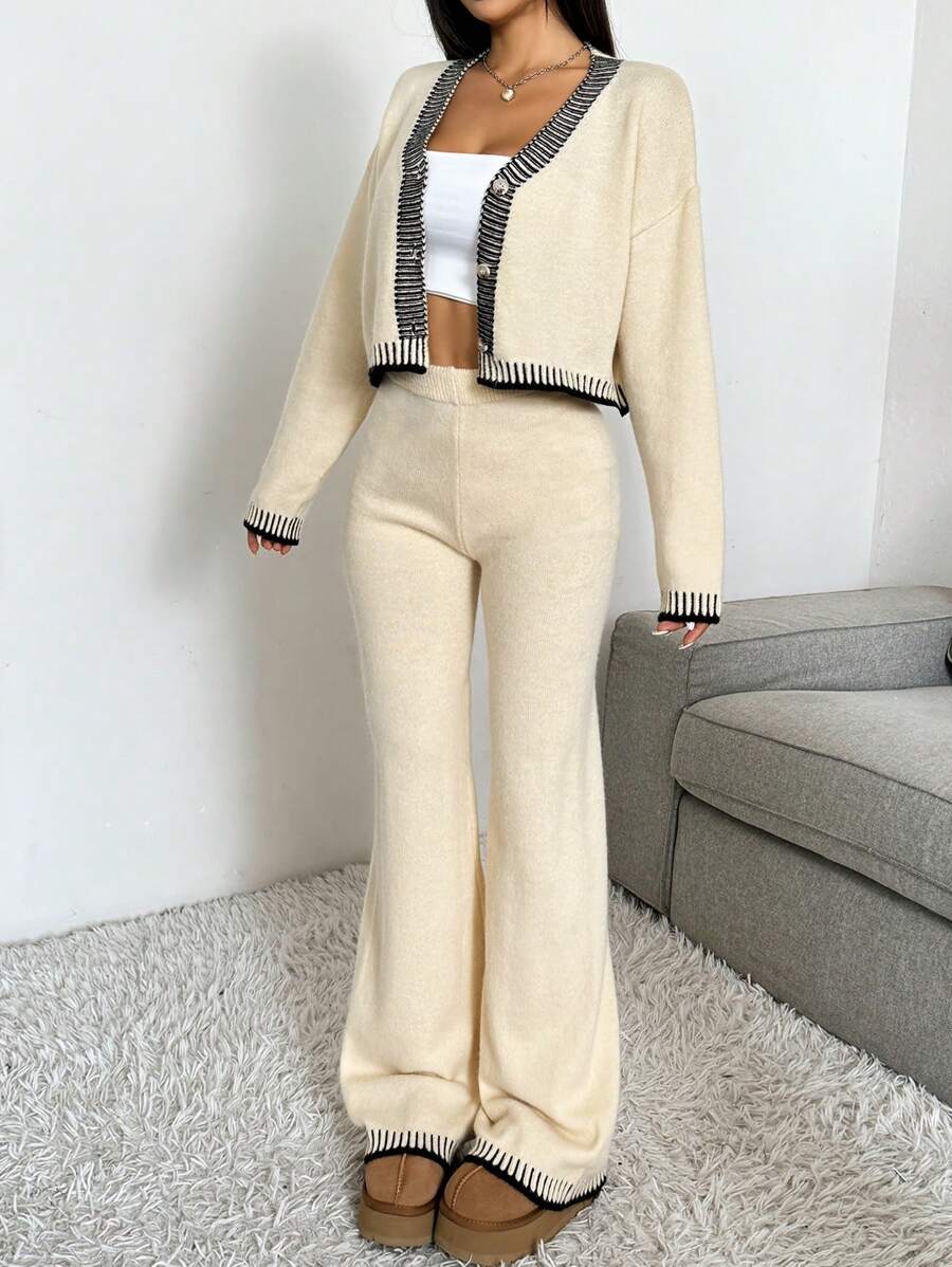 Domenica Contrast Trim Cropped Cardigan and Knit Pants Set - Brown