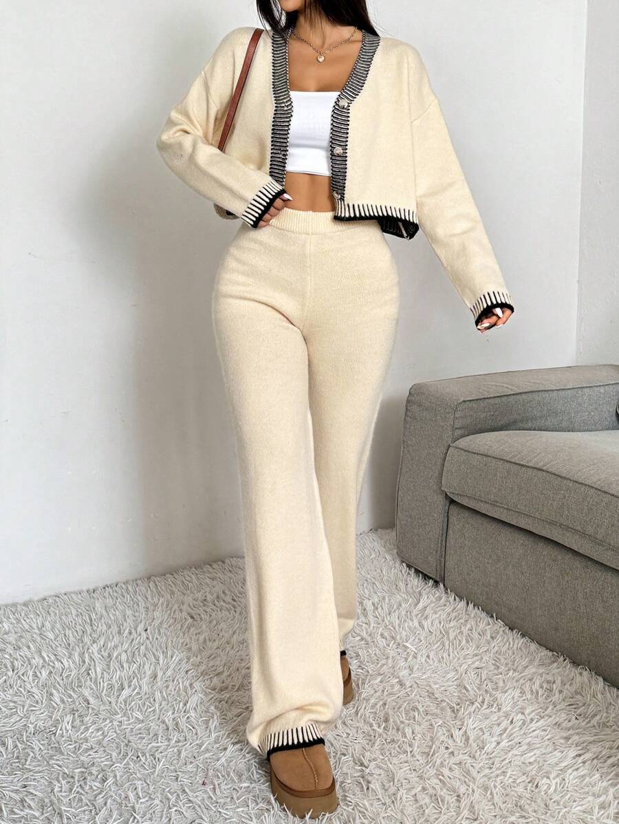 Domenica Contrast Trim Cropped Cardigan and Knit Pants Set - Burgundy