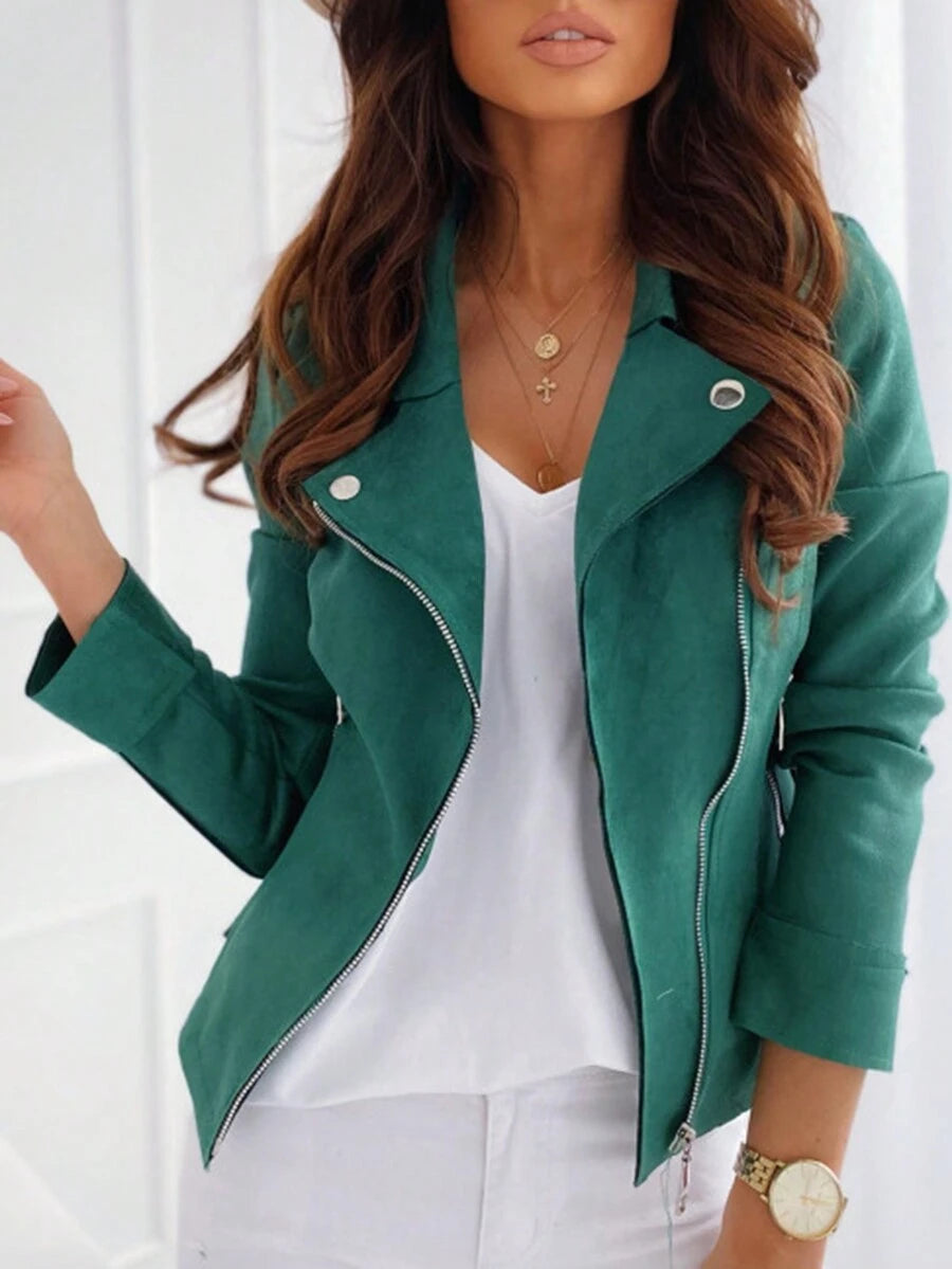 Mireille Fleece Lined Faux Suede Zip Jacket with Stand Collar - Emerald Green