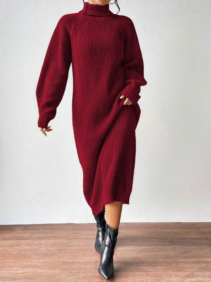 Anya High Neck Raglan Sleeve Sweater Dress - Camel