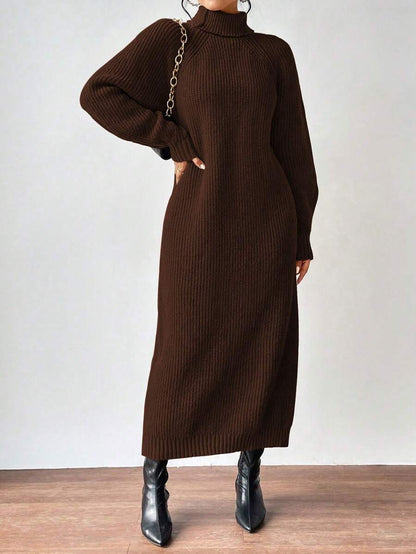 Anya High Neck Raglan Sleeve Sweater Dress - Brown