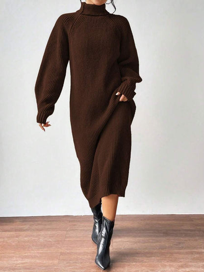 Anya High Neck Raglan Sleeve Sweater Dress - Red Violet