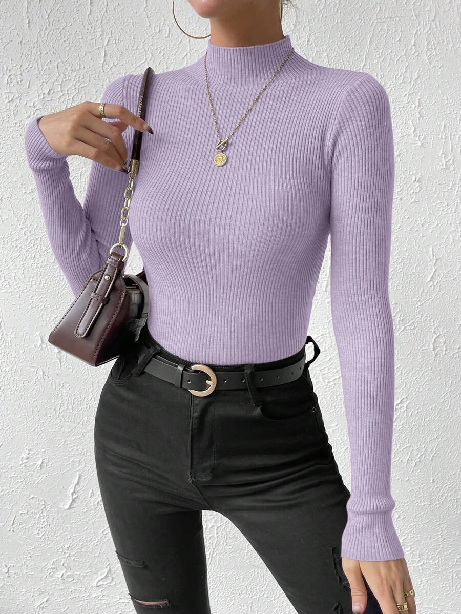 Verity Slim Ribbed Mock Neck Sweater Long Sleeve Pullover - Lilac