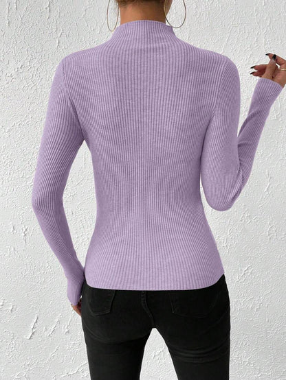 Verity Slim Ribbed Mock Neck Sweater Long Sleeve Pullover - Lilac