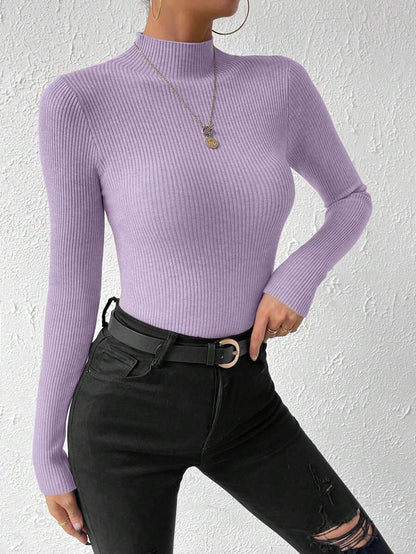 Verity Slim Ribbed Mock Neck Sweater Long Sleeve Pullover - Lilac