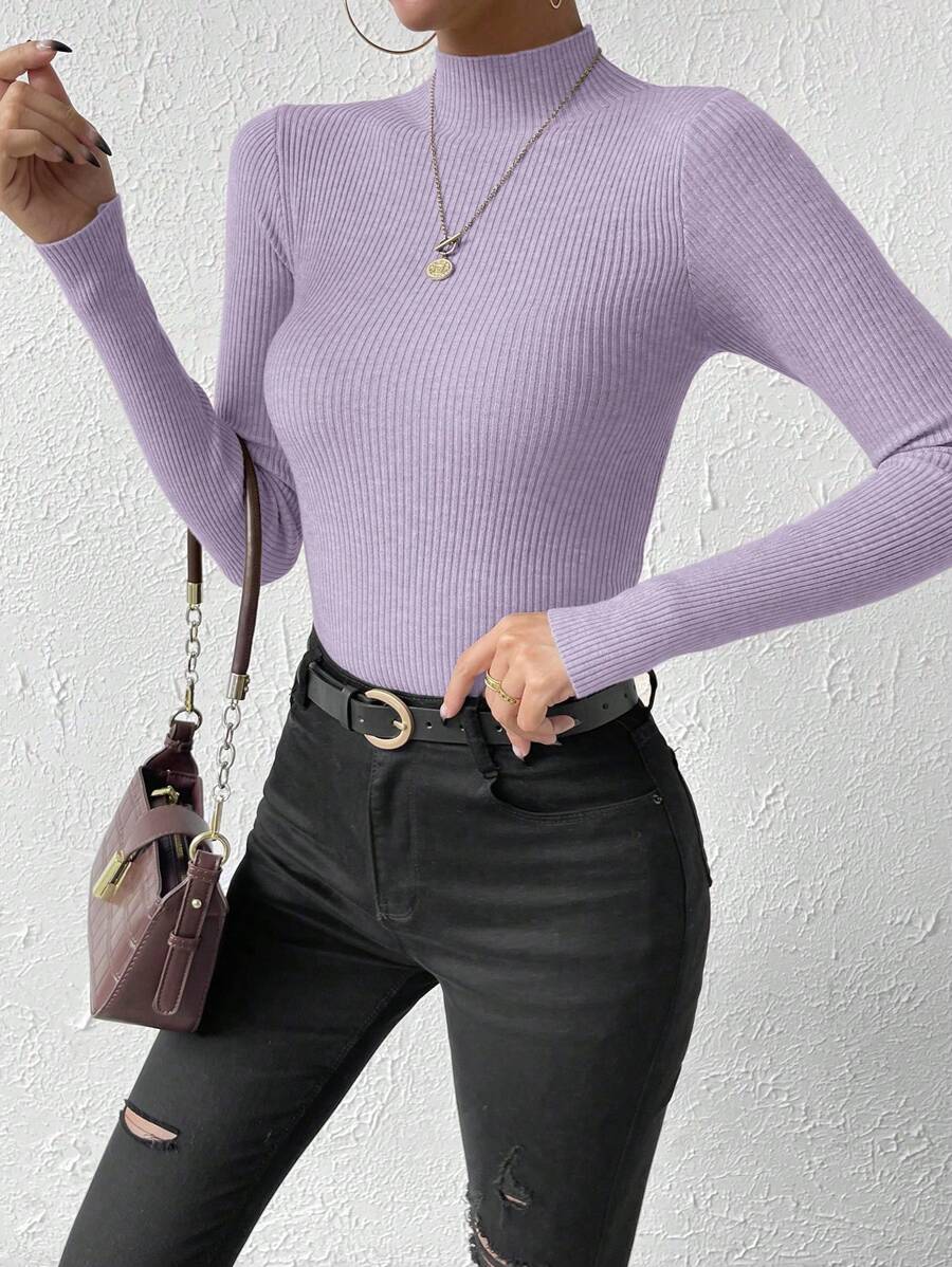 Verity Slim Ribbed Mock Neck Sweater Long Sleeve Pullover - Lilac