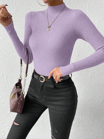 Verity Slim Ribbed Mock Neck Sweater Long Sleeve Pullover - Lilac
