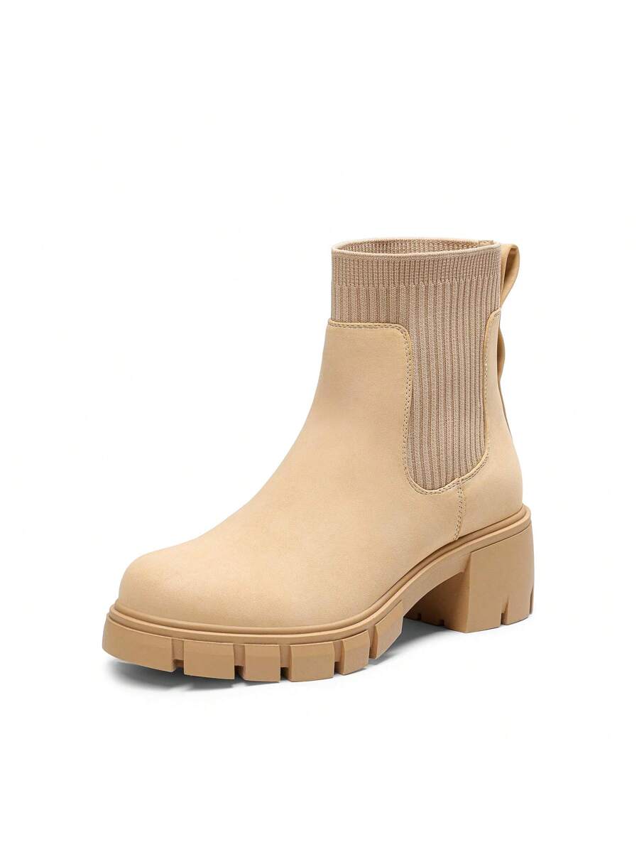 Women's Elastic Chelsea Ankle Booties Fashion Lug Sole Platform Chunky Heel Slip On Fall Heeled Short Boots Shoes Mensa