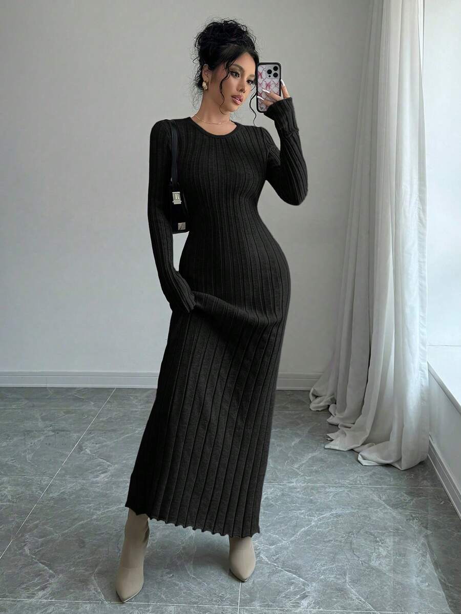 Gdansk Ribbed Knit Crew Neck Bodycon Maxi Sweater Dress - Black