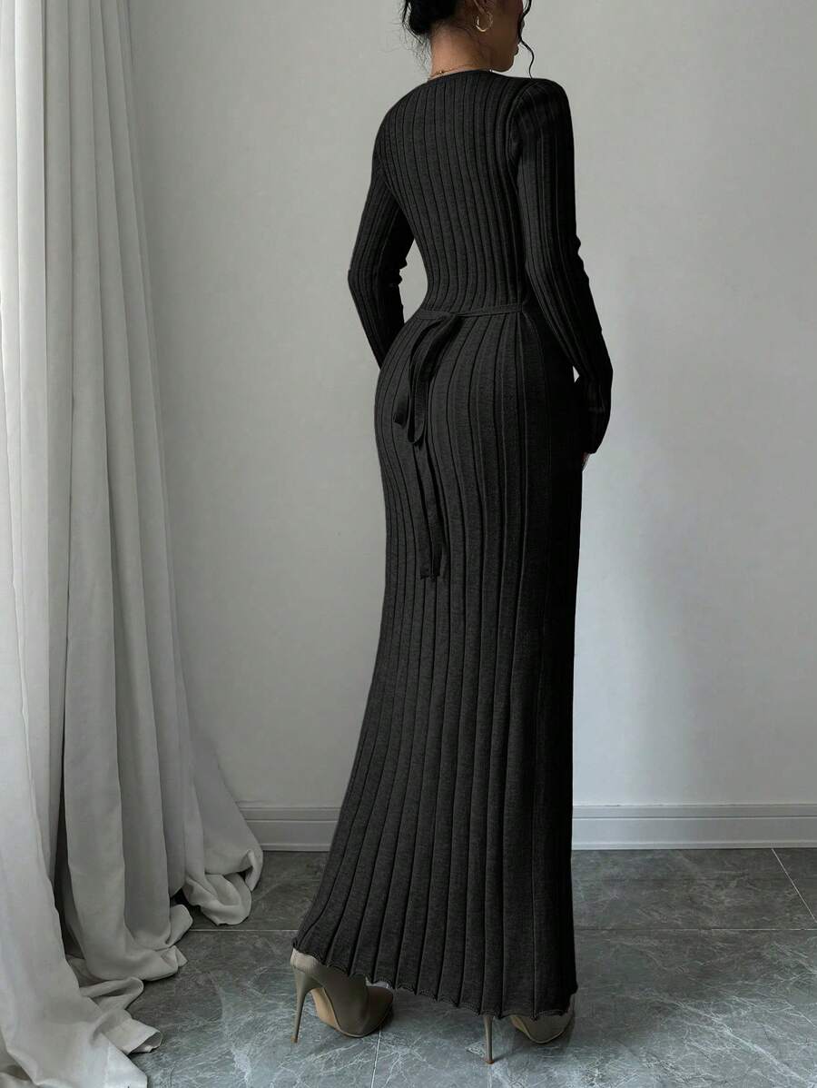 Gdansk Ribbed Knit Crew Neck Bodycon Maxi Sweater Dress