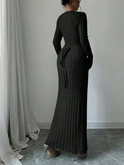 Gdansk Ribbed Knit Crew Neck Bodycon Maxi Sweater Dress