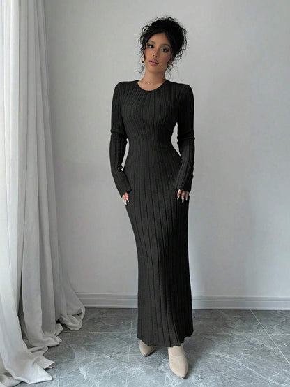 Gdansk Ribbed Knit Crew Neck Bodycon Maxi Sweater Dress