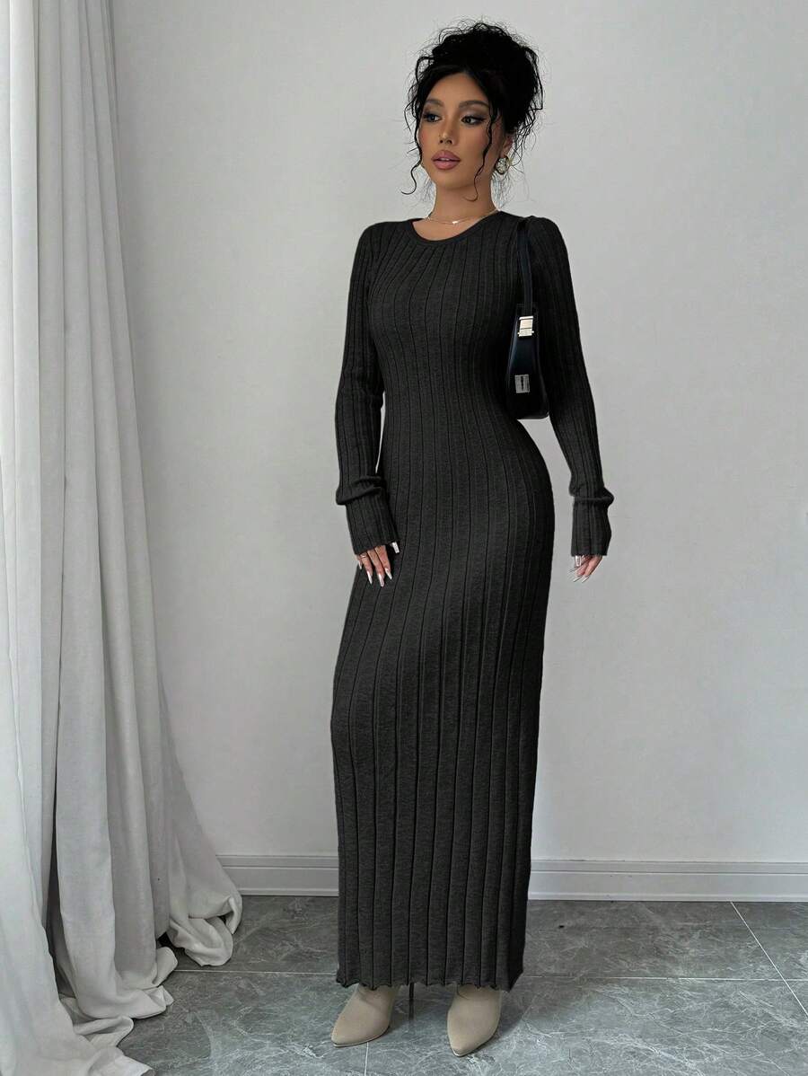 Gdansk Ribbed Knit Crew Neck Bodycon Maxi Sweater Dress