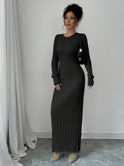 Gdansk Ribbed Knit Crew Neck Bodycon Maxi Sweater Dress