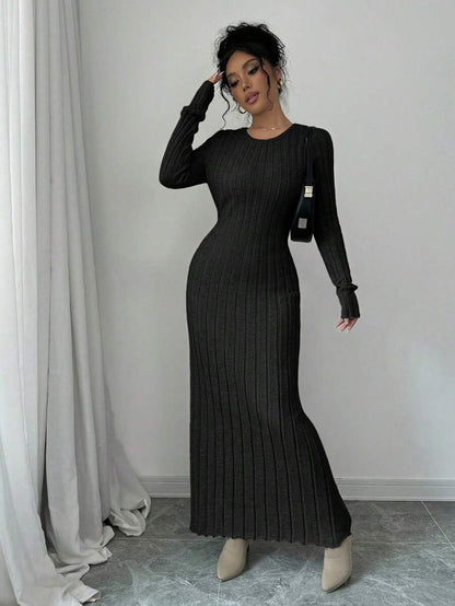 Gdansk Ribbed Knit Crew Neck Bodycon Maxi Sweater Dress