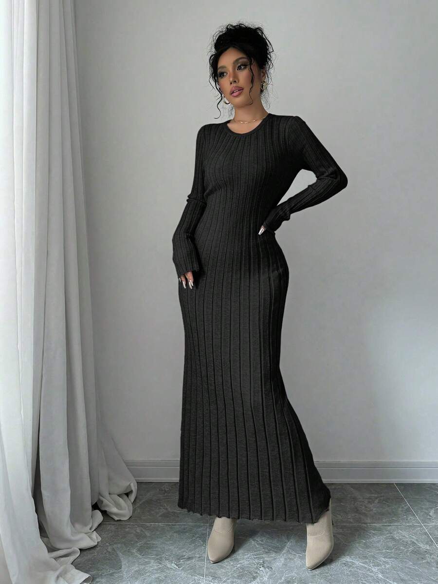 Gdansk Ribbed Knit Crew Neck Bodycon Maxi Sweater Dress