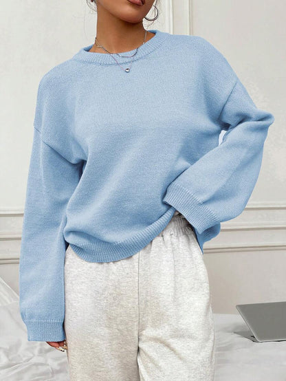 Women's Oversized Crew Neck Pullover Sweater, Relaxed Knit Sweater for Fall Winter - Blue