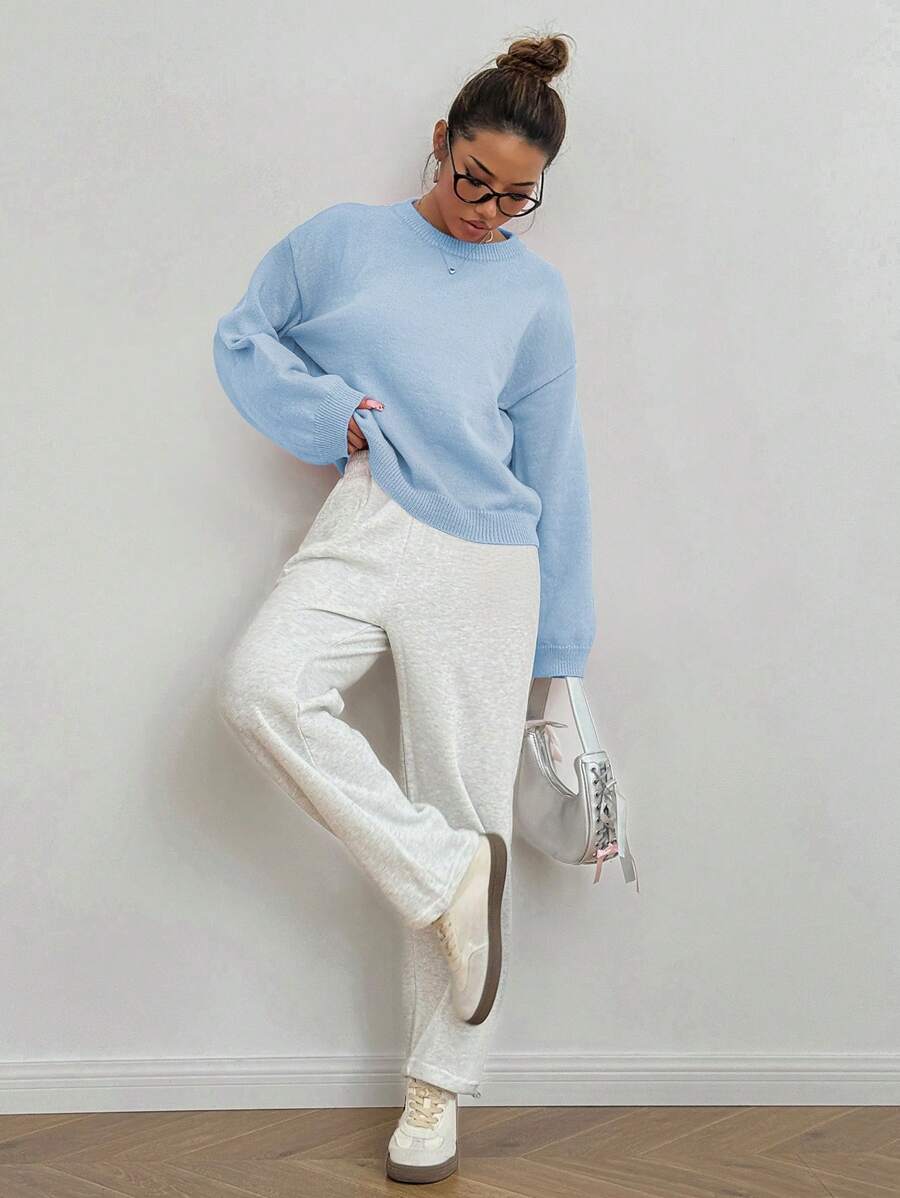 Women's Oversized Crew Neck Pullover Sweater, Relaxed Knit Sweater for Fall Winter - Dark Grey