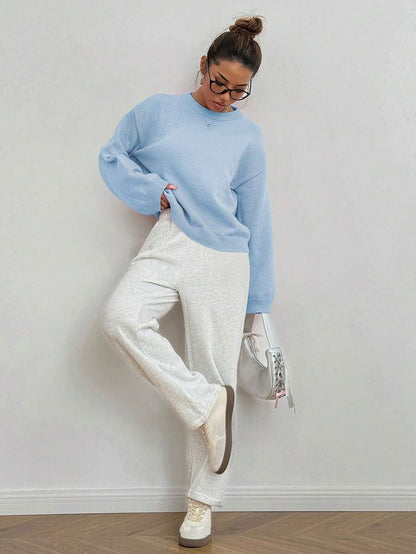 Women's Oversized Crew Neck Pullover Sweater, Relaxed Knit Sweater for Fall Winter - Dark Grey