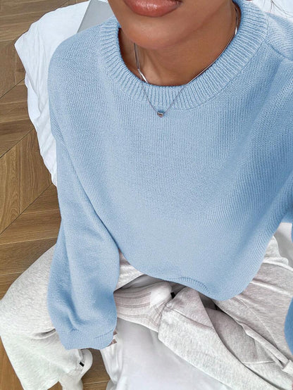 Women's Oversized Crew Neck Pullover Sweater, Relaxed Knit Sweater for Fall Winter - Teal Blue