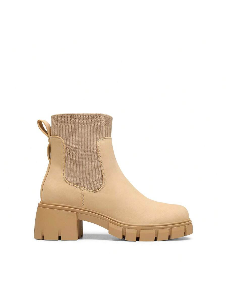 Women's Elastic Chelsea Ankle Booties Fashion Lug Sole Platform Chunky Heel Slip On Fall Heeled Short Boots Shoes Mensa
