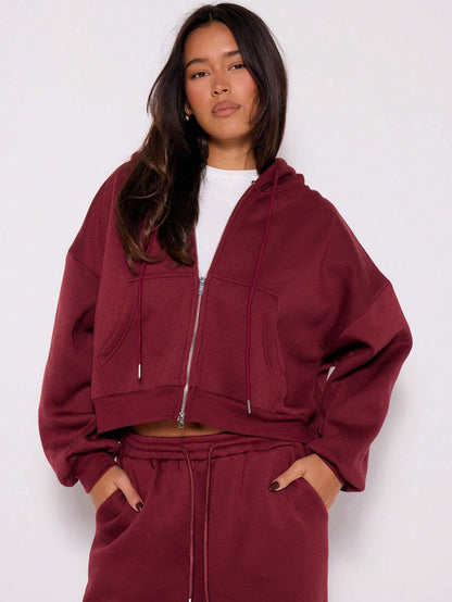 Claudia Double Zip Drawstring Hoodie - Burgundy