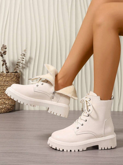 2026 Spring/Autumn/Winter New Women's Shoes, Winter Warm Women's Boots, Fashion Versatile Casual Women's Shoes, Black/White Ankle Boots With Lace-Up And Side Zipper, Flat Women's Boots, Women's Ankle Boots And Ankle Boots, Women's Fashion Boots, College S Mensa