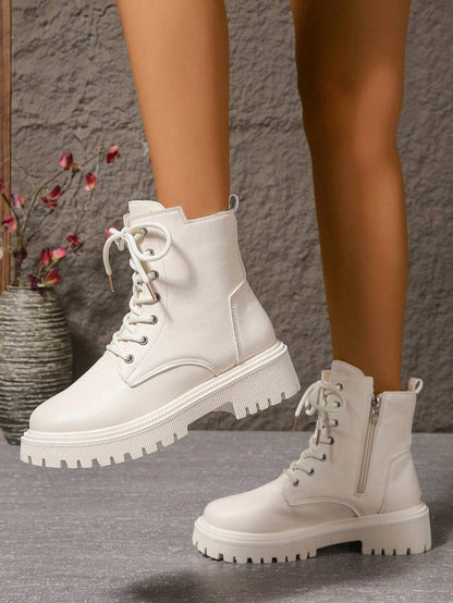 2026 Spring/Autumn/Winter New Women's Shoes, Winter Warm Women's Boots, Fashion Versatile Casual Women's Shoes, Black/White Ankle Boots With Lace-Up And Side Zipper, Flat Women's Boots, Women's Ankle Boots And Ankle Boots, Women's Fashion Boots, College S Mensa