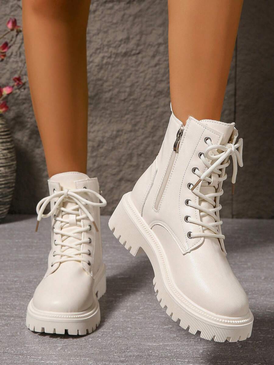 2026 Spring/Autumn/Winter New Women's Shoes, Winter Warm Women's Boots, Fashion Versatile Casual Women's Shoes, Black/White Ankle Boots With Lace-Up And Side Zipper, Flat Women's Boots, Women's Ankle Boots And Ankle Boots, Women's Fashion Boots, College S Mensa