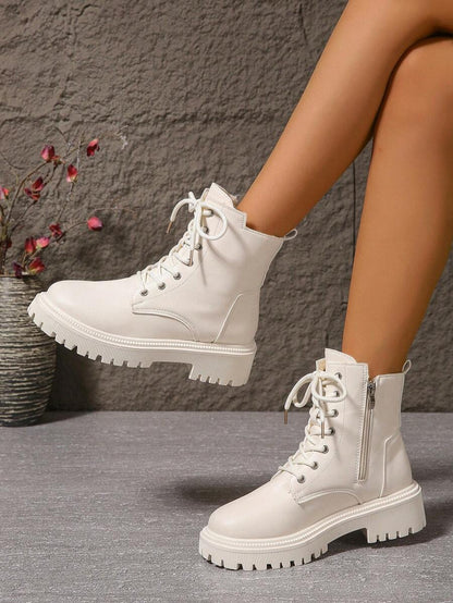 2026 Spring/Autumn/Winter New Women's Shoes, Winter Warm Women's Boots, Fashion Versatile Casual Women's Shoes, Black/White Ankle Boots With Lace-Up And Side Zipper, Flat Women's Boots, Women's Ankle Boots And Ankle Boots, Women's Fashion Boots, College S Mensa