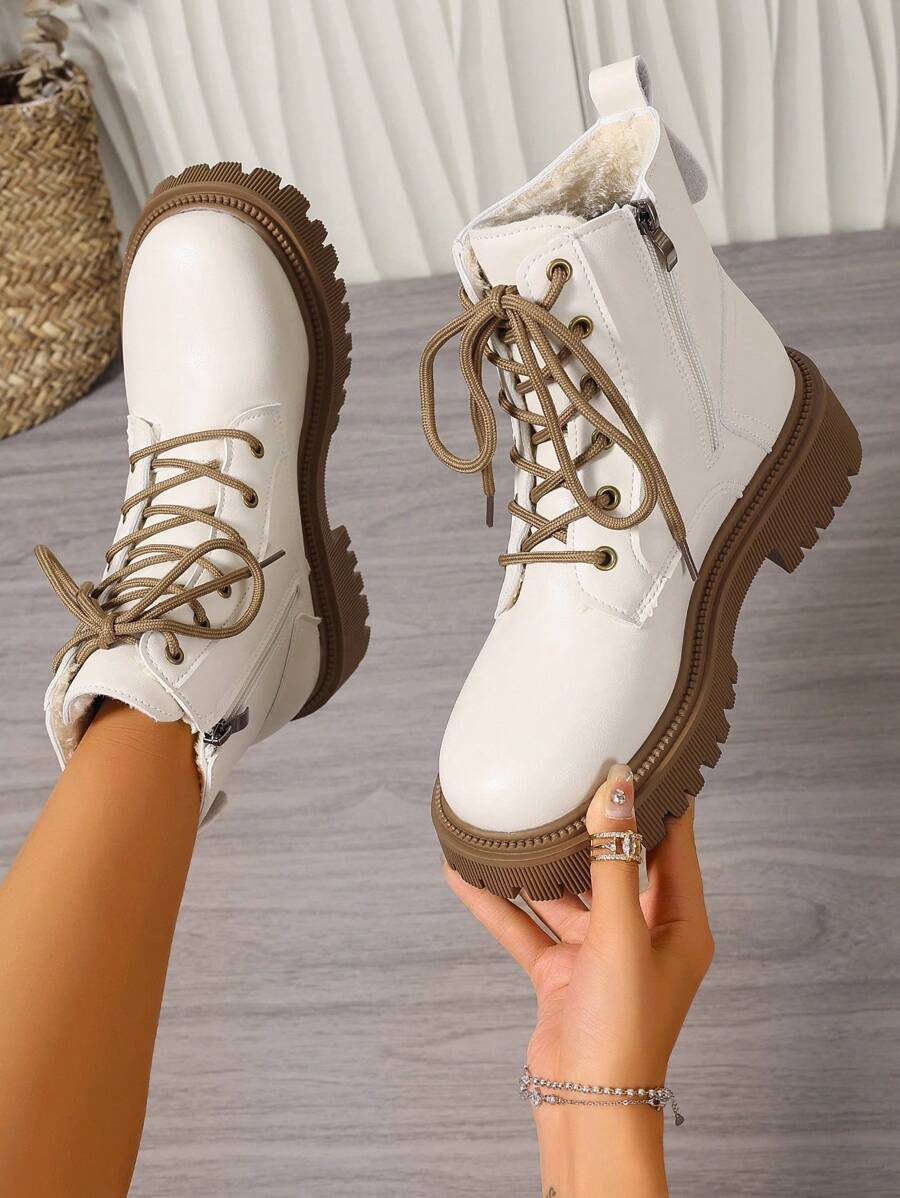 2026 Spring/Autumn/Winter New Women's Shoes, Winter Warm Women's Boots, Fashion Versatile Casual Women's Shoes, Black/White Ankle Boots With Lace-Up And Side Zipper, Flat Women's Boots, Women's Ankle Boots And Ankle Boots, Women's Fashion Boots, College S Mensa