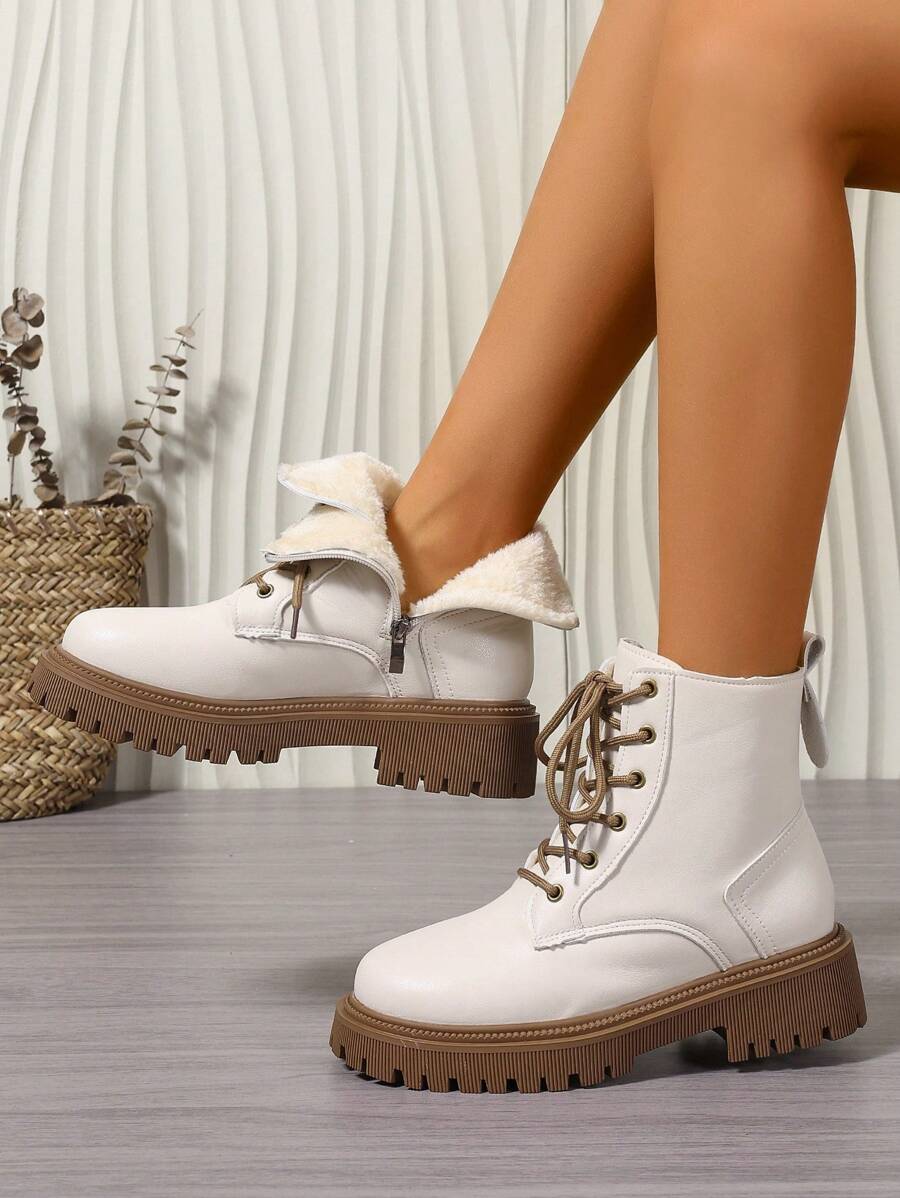 2026 Spring/Autumn/Winter New Women's Shoes, Winter Warm Women's Boots, Fashion Versatile Casual Women's Shoes, Black/White Ankle Boots With Lace-Up And Side Zipper, Flat Women's Boots, Women's Ankle Boots And Ankle Boots, Women's Fashion Boots, College S Mensa