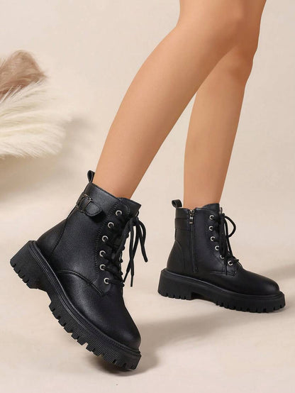 2026 Spring/Autumn/Winter New Women's Shoes, Winter Warm Women's Boots, Fashion Versatile Casual Women's Shoes, Black/White Ankle Boots With Lace-Up And Side Zipper, Flat Women's Boots, Women's Ankle Boots And Ankle Boots, Women's Fashion Boots, College S Mensa
