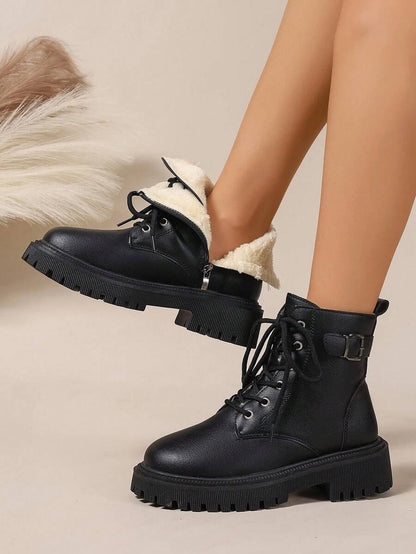 2026 Spring/Autumn/Winter New Women's Shoes, Winter Warm Women's Boots, Fashion Versatile Casual Women's Shoes, Black/White Ankle Boots With Lace-Up And Side Zipper, Flat Women's Boots, Women's Ankle Boots And Ankle Boots, Women's Fashion Boots, College S Mensa